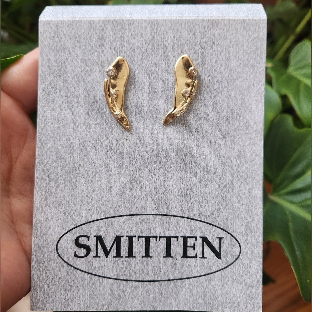 NWT Smitten Handmade 14k Gold Plated Angel Wing Earrings With Crystals